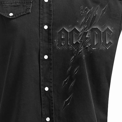 AC/DC エーシーディーシー (来日 45周年 ) - Back In Black Torn  / Stone Wash / バックプリントあり / ノースリーブ・ワーカーシャツ / トップス / メンズ